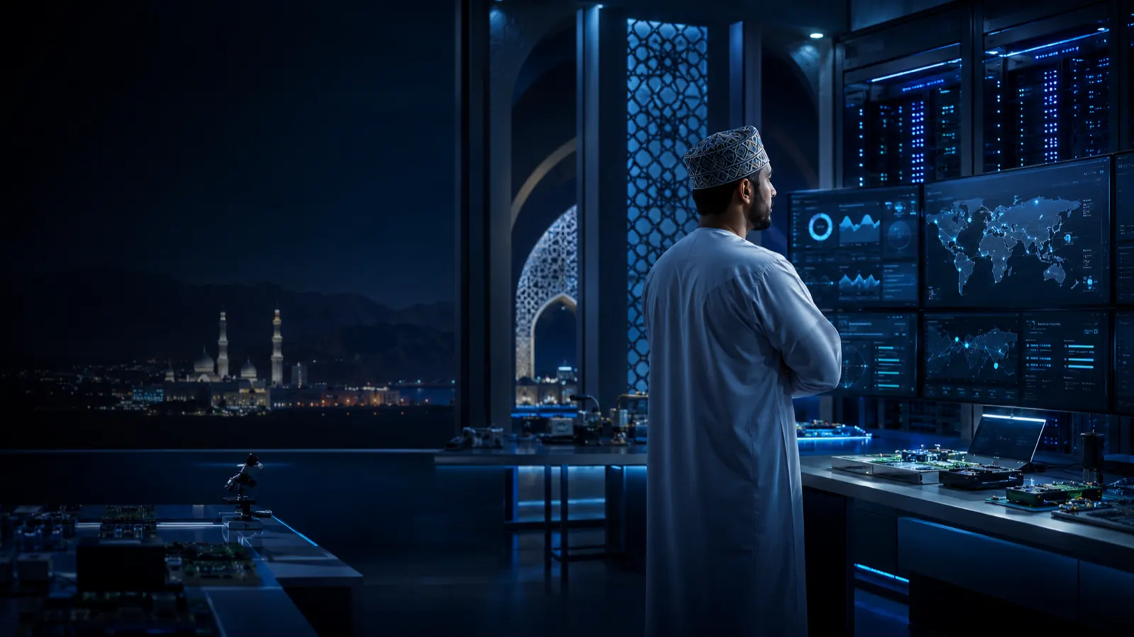 The Vextron engineering floor overlooking Muscat at night
