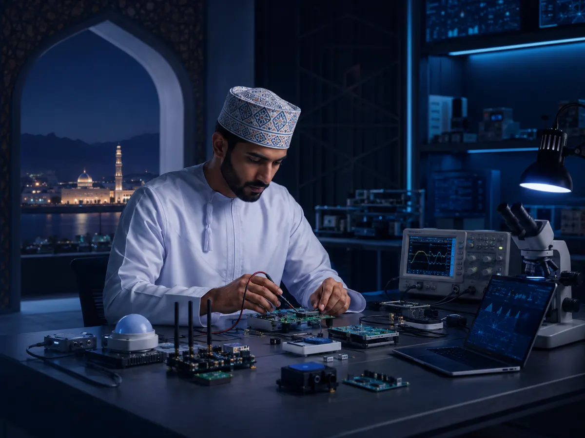 A Vextron engineer testing control boards with laboratory instruments
