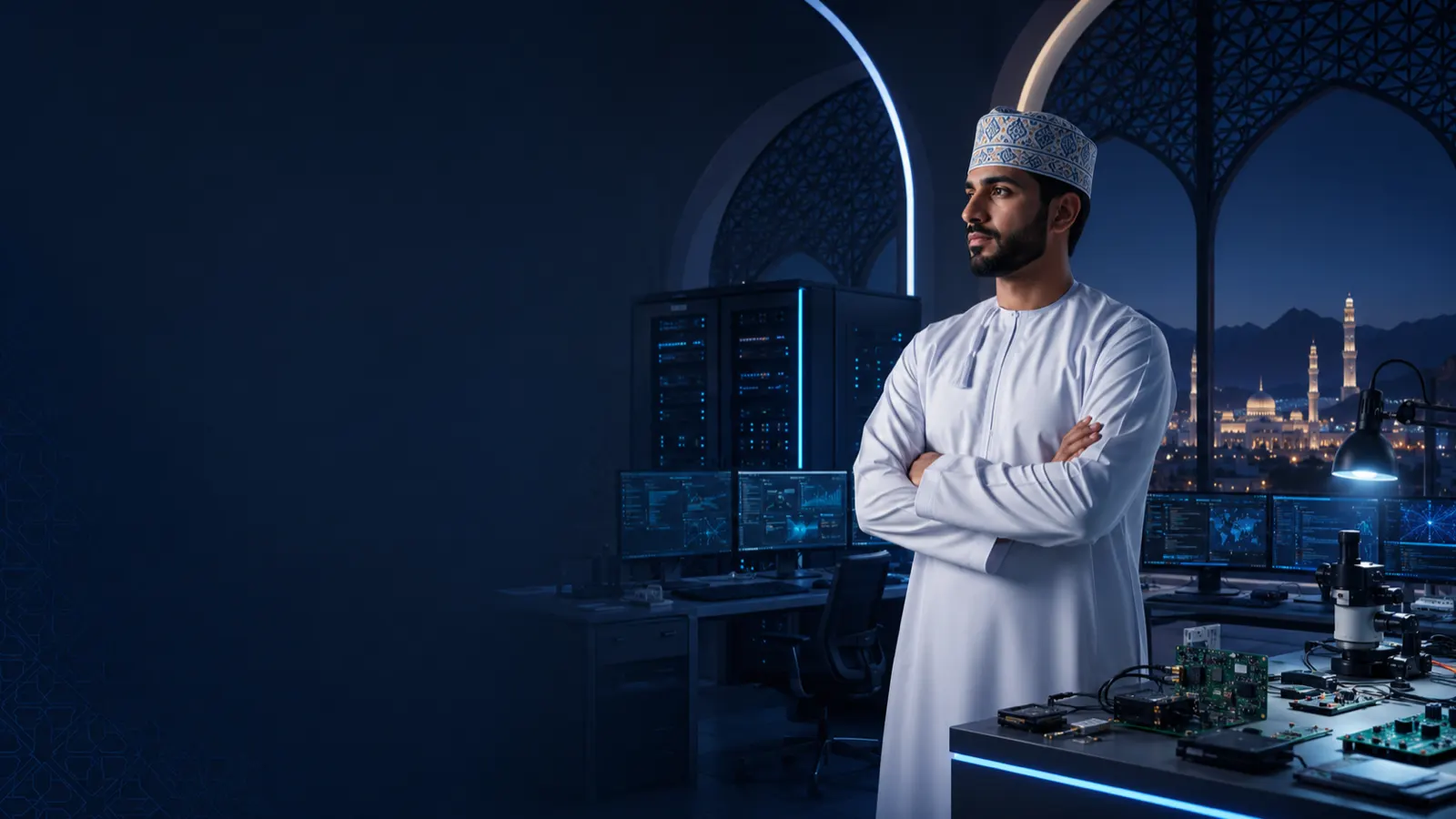 A Vextron engineer between the server racks and the hardware bench, Muscat skyline behind