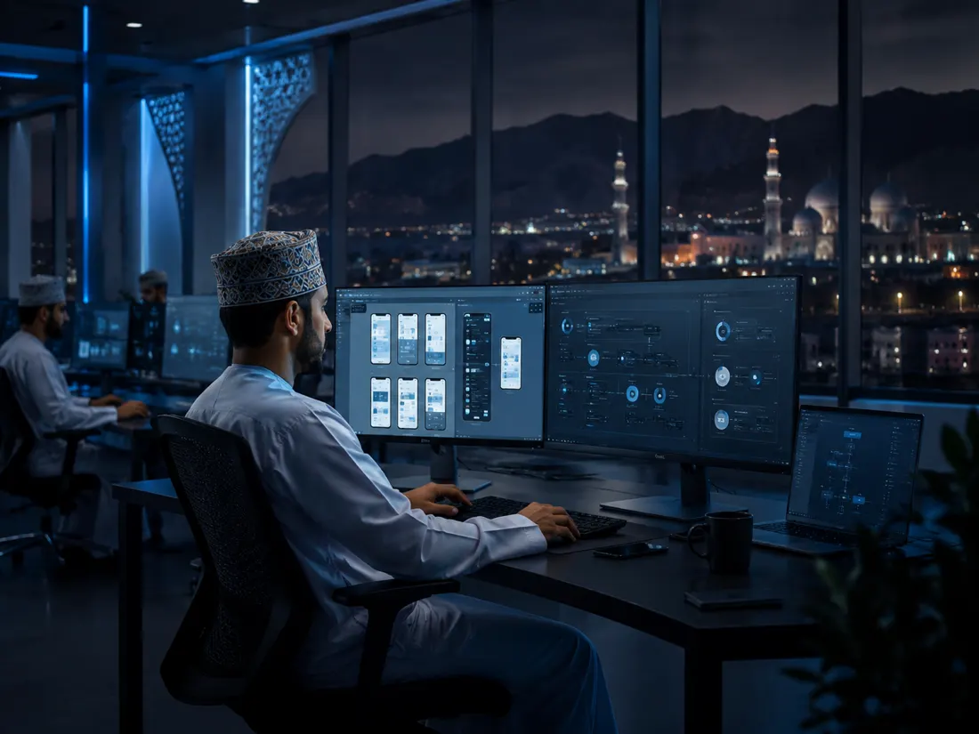Vextron engineers reviewing application designs in the Muscat office at night